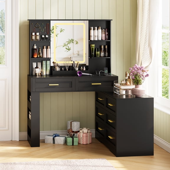 ELYKEN Makeup Vanity Desk with LED Mirror, 8 Drawers, 78"W, Black