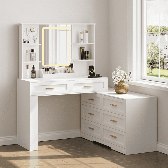 ELYKEN Makeup Vanity Desk with LED Mirror, 8 Drawers, 78"W, White