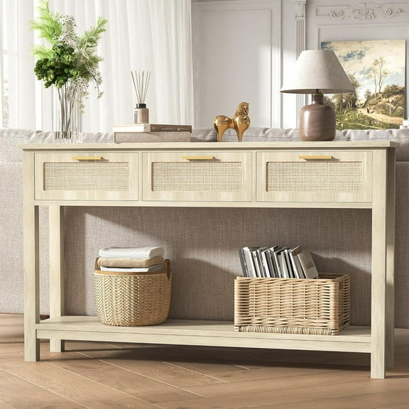 ELYKEN Rattan 51.2" Console Table with 3 Drawer, Entryway Table with Drawer & Shelf, Boho Sofa Table Behind Couch Foyer for Living Room, Hallway, Natural Wood