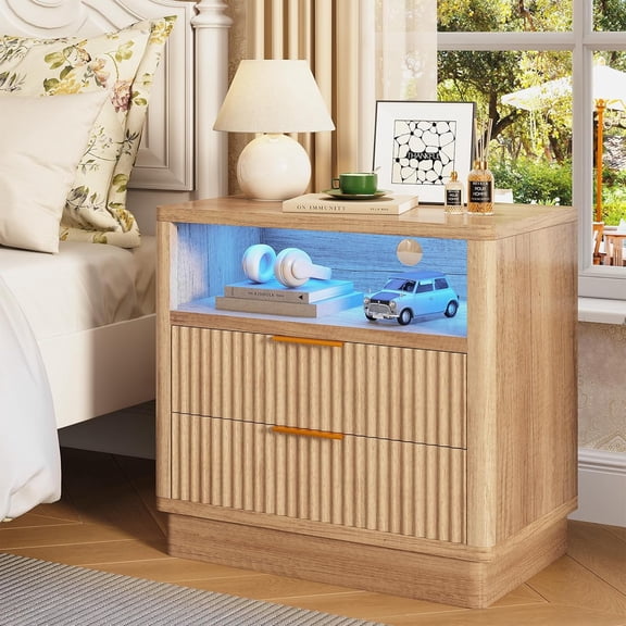 ELYKEN Wood Nightstand with Charging Station & LED Light, 24" Wide End Table with 2 Drawers, Fluted Bedside Table with USB & Type-C for Bedroom