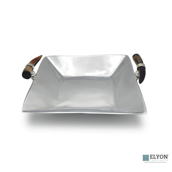 ELYON 13" Square Serving Tray with Horn Handles, Silver Handmade Platter