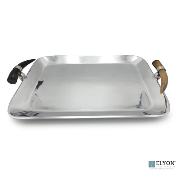 ELYON 17" Rectangle Serving Tray, Silver Handmade Platter, Horn Handles