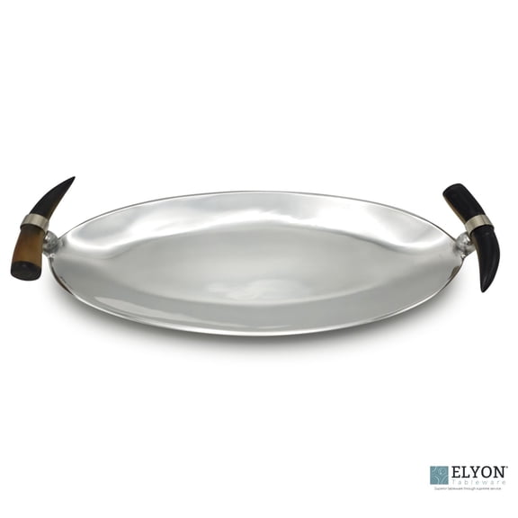 ELYON 18" Oval Serving Tray, Silver Platter, Handmade Horn Handles