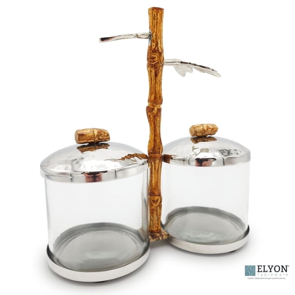 ELYON Condiment Server Stainless Steel, 2 Glass Jars, Bamboo-Style Handle