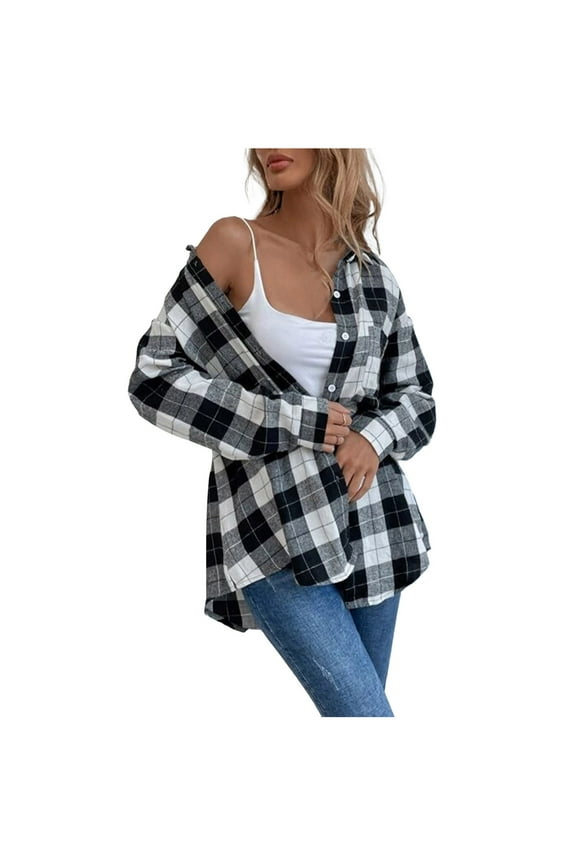 Womens Plaid Shirts Flannel Shacket Jacket Long Sleeve Button Down Boyfriend Shirt Coats Black S