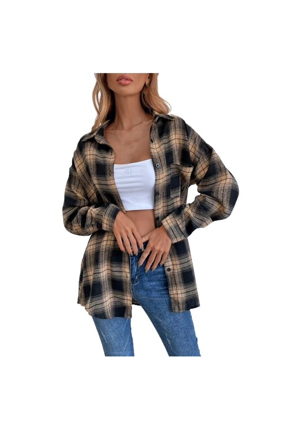 Womens Plaid Shirts Flannel Shacket Jacket Long Sleeve Button Down Boyfriend Shirt Coats Yellow S