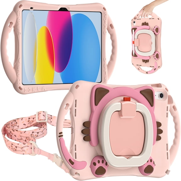 ELehold Cartoon Kickstand Rugged Kids Case Compatible iPad 2022 10.9 with Heavy Duty Shock Resistant Rugged Protection Shoulder Strap Pencil Holden (include Capacitive pen and Cleaning Cloth,Pink