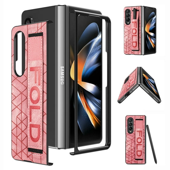 ELehold PU Leather Hand Strap Pen Slot Case for Samsung Galaxy Z Fold 4, Slim Lightweight Rugged with Shockproof Folio Anti-Fingerprint Glossy Non-Slip Phone Cover,Pink