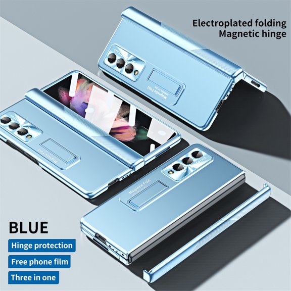 ELehold Rugged Case for Samsung Galaxy Z Fold 3 7.6 inch Hard PC Soft TPU with Magnetic Hinge Protection Folding Hidden Kickstand Shockproof Full Body Protection, Blue