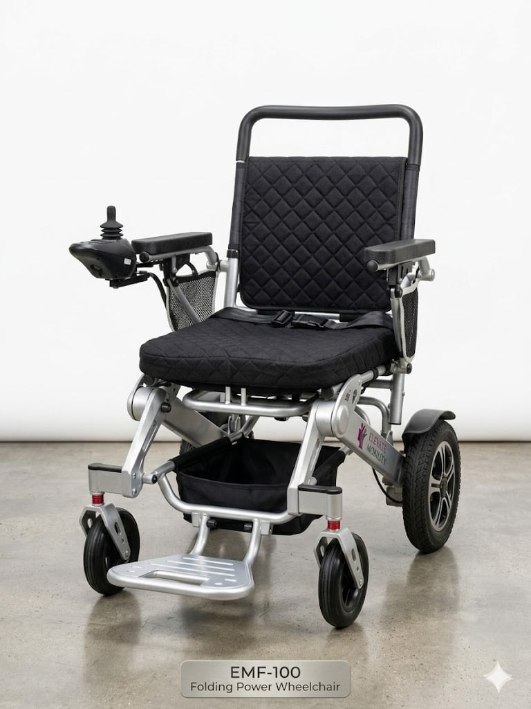 EM-100F Electric/Manual, Remote-Control Electric Wheelchair with Control Joystick and Shopping Bag