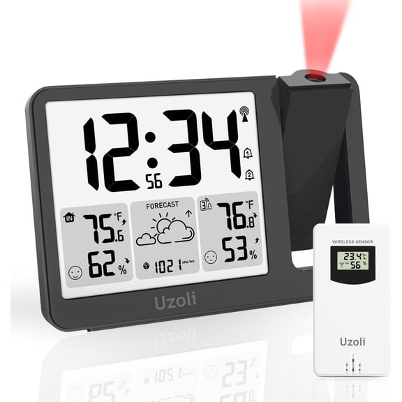 EM3539E Projection Alarm Clock, WWVB Atomic Projector Clock for Bedroom Ceiling, Projection Clocks with Sensor, Adjustable Backlight, Indoor Outdoor Temperature Humidity, Dual Alarms