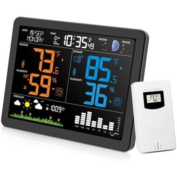 EM3566 Weather Station Indoor Outdoor, 7.4" Large Weather Station with Atomic Clock, Indoor Outdoor Temperature Humidity, Weather Forecast, Alarms with Snooze, Easy to Read
