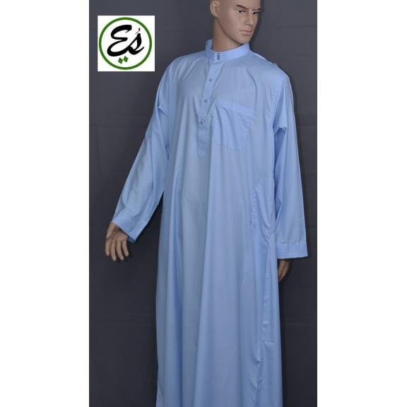 EMAAN SOUQ Men's Baby Blue XL Thobe with Two Side Pockets, Relaxed fit, Collar, Finest Quality Cotton - X-Large