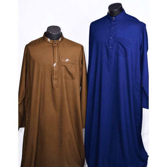 EMAAN SOUQ Men's Thobe with Two Side Pockets, US Size Cut - Relaxed fit, Collar, Finest Quality Cotton - (Brown) Large