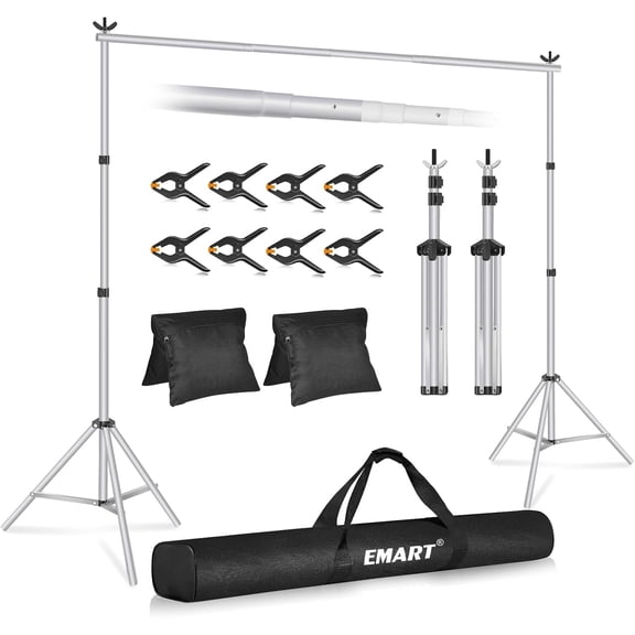 EMART 10x7ft Backdrop Stand,  Adjustable Photo Studio Support kit with 2 Crossbars, 8 Clamps, 2 Sandbags and Carry Bag for Parties, Events Decoration, Wedding, Photography -Silver