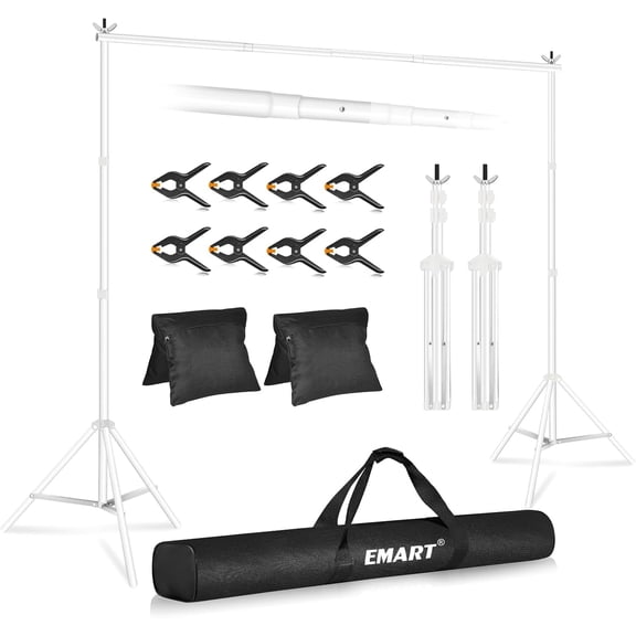 EMART 10x7ft Backdrop Stand, Adjustable Photo Studio Support kit with 2 Crossbars, 8 Clamps, 2 Sandbags and Carry Bag for Parties, Events Decoration, Wedding, Photography -White