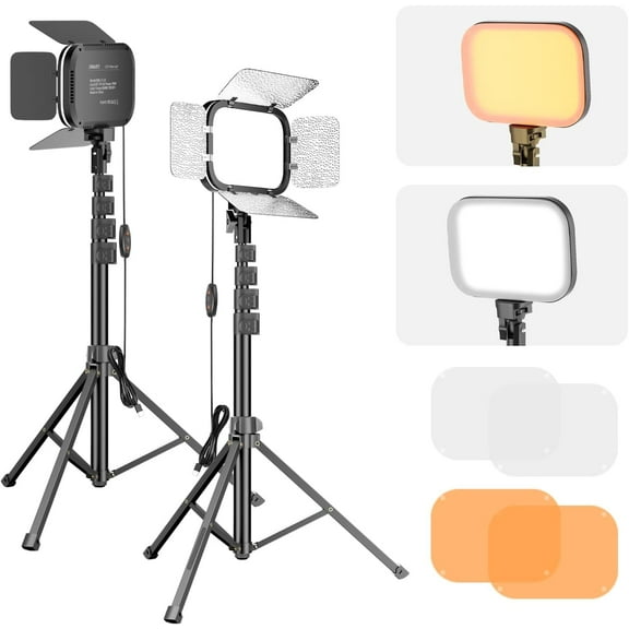 EMART 2-Pack LED Video Light, Portable 3000-5500K CRI97+ Studio Lights with 62" Tripod Stand, Magnetic Light Barndoor & Filters, Bi-Color Dimmable Lighting for Video Recording, Game Streaming, Podcas