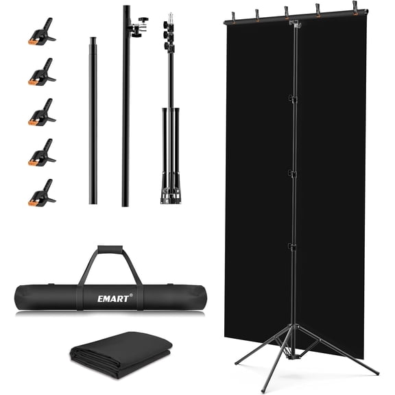 EMART 5x10ft Black Screen Backdrop Kit, Portable T-Shape Stand with Photo Greenscreen Background for Photography, Studio Video Recording, Streaming