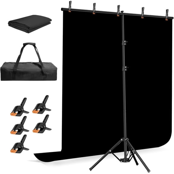 EMART 5x6.5ft Photo Backdrop Kit, Black Background Screen with Portable T-Shape Stand for Photography, Studio