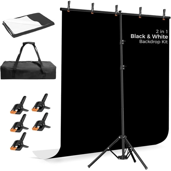 EMART 5x6.5ft Photo Backdrop Kit, Black and White 2-in-1 Background Screen with Portable T-Shape Stand for Photography, Studio