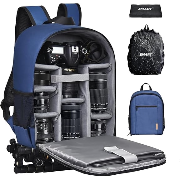 EMART Camera Backpack, Professional Camera Bag with Waterproof Rain Cover for SLR/DSLR Mirrorless Cameras & 13" Laptop, Blue