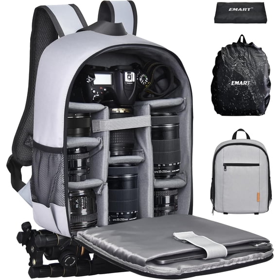 EMART Camera Backpack, Professional with Waterproof Rain Cover for SLR/DSLR Mirrorless Cameras & 13" Laptop, Grey