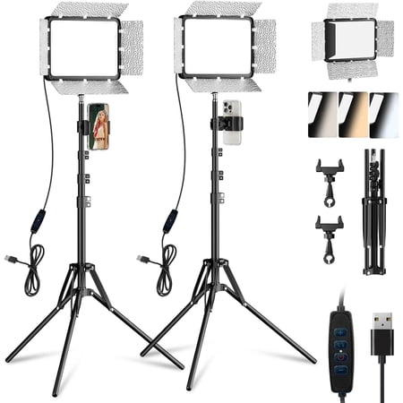 EMART LED Photo Light Kit 2 Pack, Studio Light with 60'' Tripod & Phone Holde, Upgrade 2800-7000K Dimmable for Video Recording