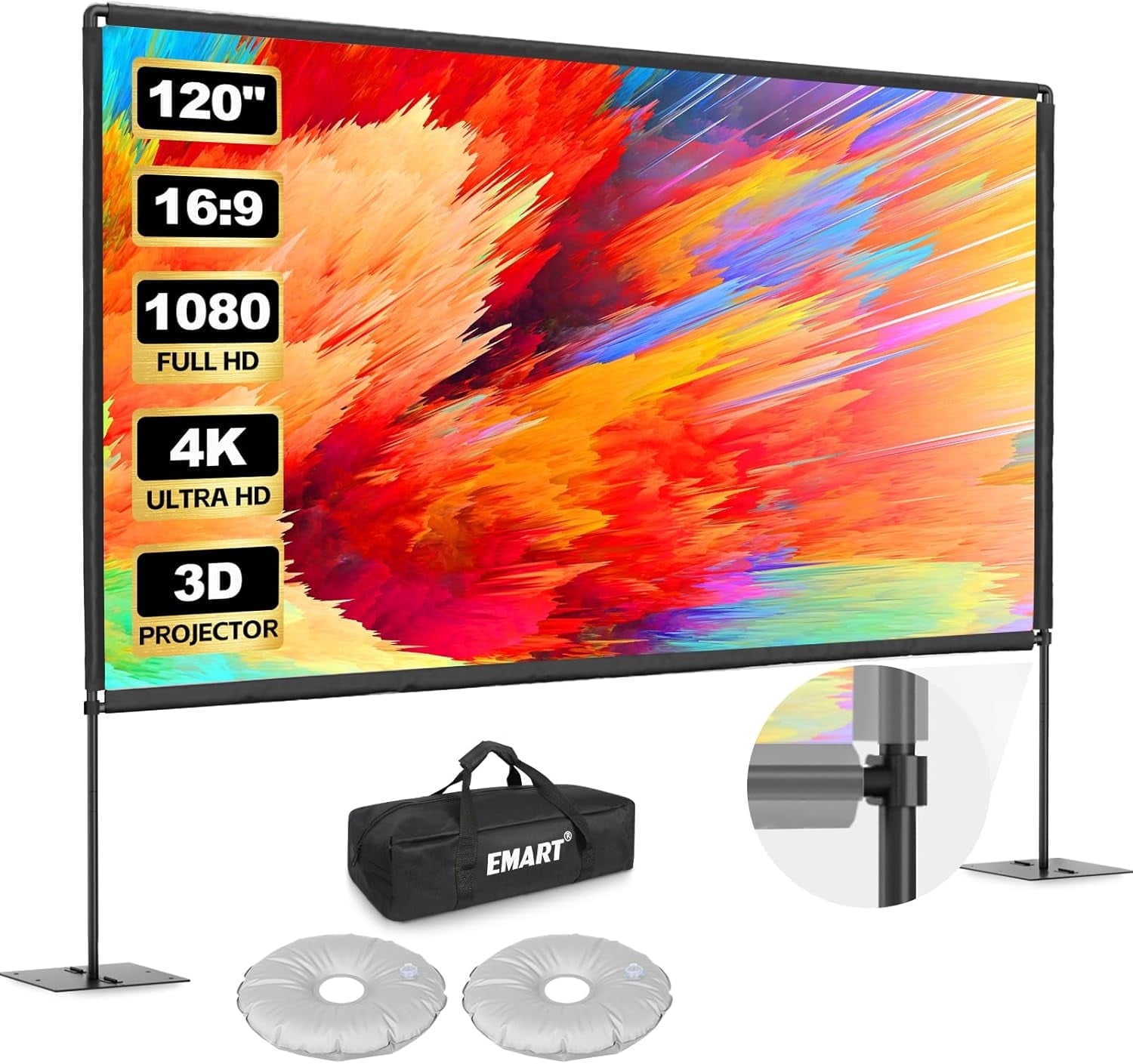 EMART Outdoor Projector Screen with Heavy Flat Base, 120in Portable Movie Screen Stand Indoor 16:9 4K HD for Backyard, Party