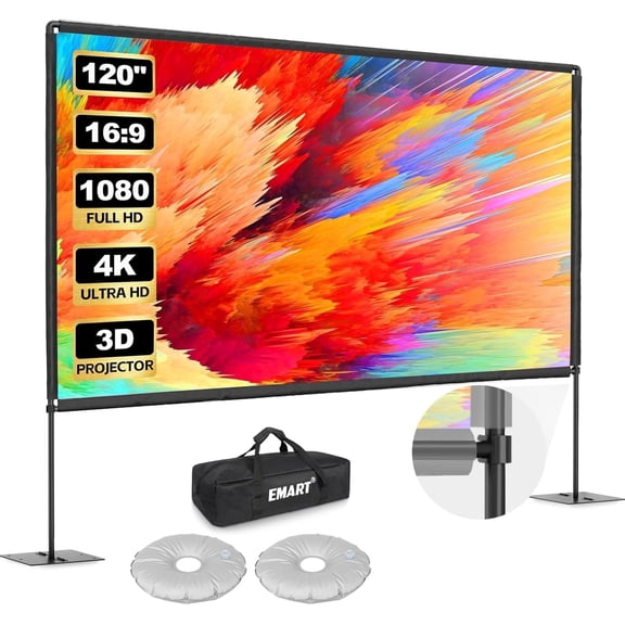 EMART 120in Projector Screen with Stand, 16:9 4K HD Portable Outdoor and Indoor Movie Screen, Heavy‑Duty Flat Base for Backyard,Party, Home Theater