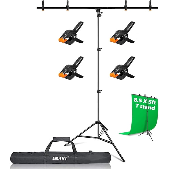 EMART 8.5x5ft T-Shape Backdrop Stand Kit, Adjustable & Portable with 4 Spring Clamps, for Photography Studio, Weeding, Party, Video