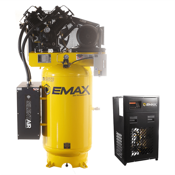 Emax Compressor Silent Industrial Plus 10 HP 3-Phase 80 gal.Vertical Compressor with 58 CFM Dryer Bundle-With Pressure Lube Pump