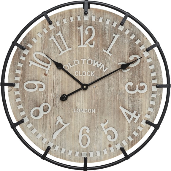 EMAX HOME 24" Whitewashed Wood Farmhouse Arabic Numeral Silent Wall Clock, Iron Frame