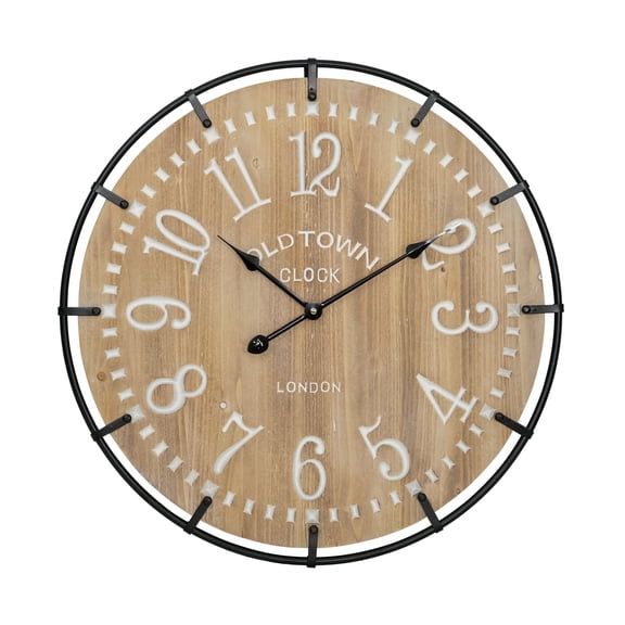 EMAX HOME 24" Whitewashed Wood Farmhouse Arabic Numeral Silent Wall Clock, Iron Frame