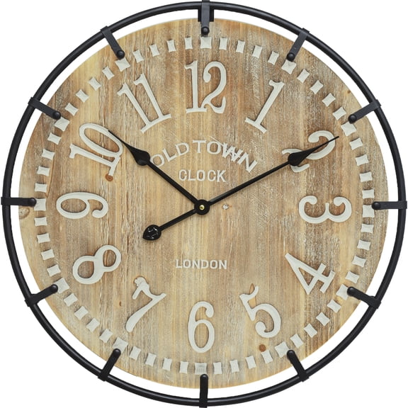 EMAX HOME 24" Round Wall Clock with Arabic Numbers Silent Quartz, Wood & Iron Frame