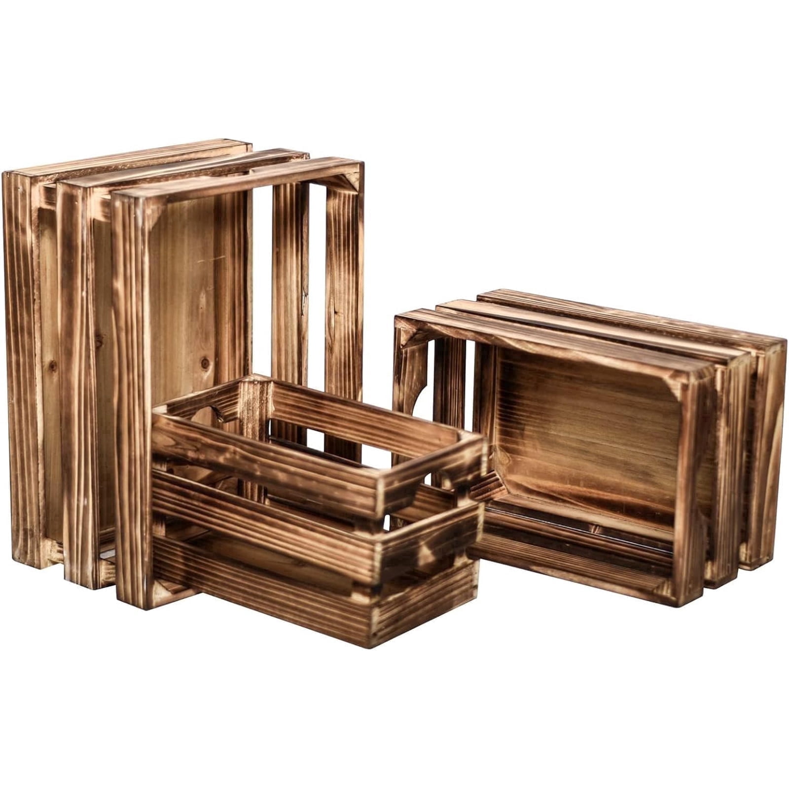 EMAX HOME Rustic Wooden Crates Set with Handle – 3 Sizes for Home Organization – Vintage Decorative Box for Storage, Display, and Crafts