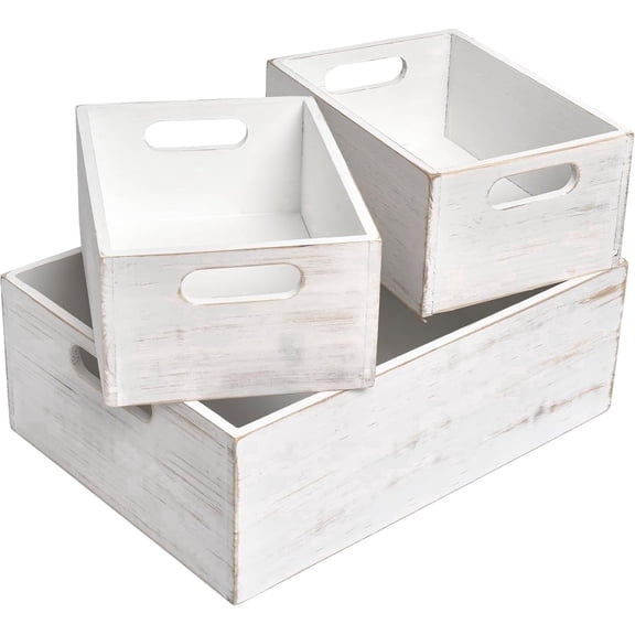 EMAX HOME 3-Pc Whitewashed Wood Baskets, 1 Large 2 Small Decorative Storage Display Crates