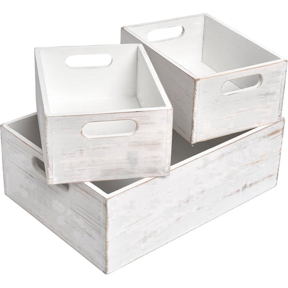 EMAX HOME 3-Pc Whitewashed Wood Baskets, 1 Large 2 Small Decorative Storage Display Crates