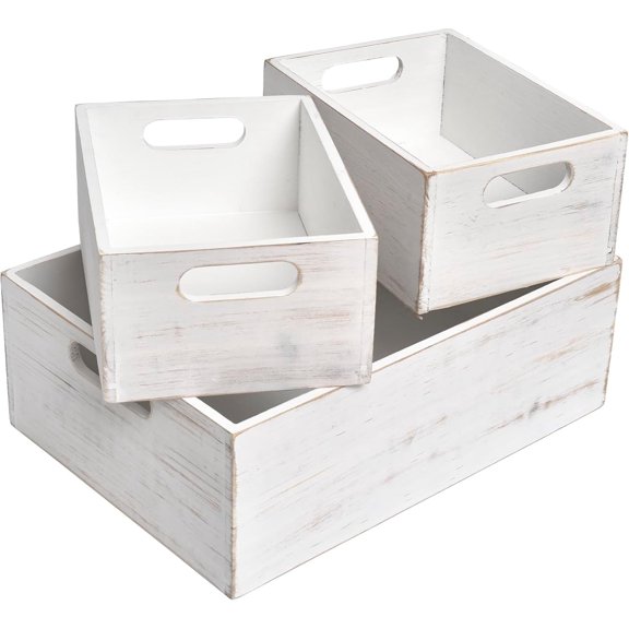 EMAX HOME 3-Pc Whitewashed Wood Baskets Rustic Modern Storage