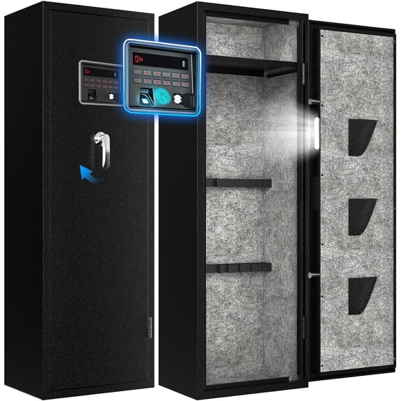 EMAXEE 7-8 Biometric Gun Safe , Large Gun Safes for Home and Pistols with Upgraded Control Panel and LED Light, Quick Access Fingerprint Gun Cabinet with Removable Shelf and Gun Racks