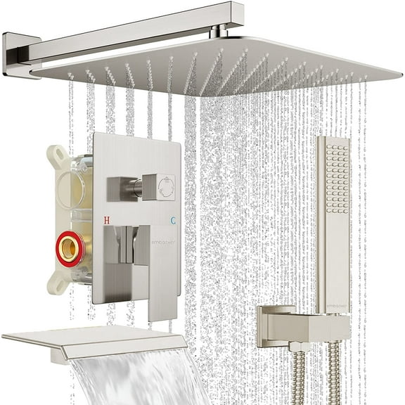 EMBATHER 10" Brushed Nickel Shower System with Tub Faucet - High Pressure Rainfall Shower Head, Handheld Spray, 3-Function Valve, Anti-Scald, Easy Install