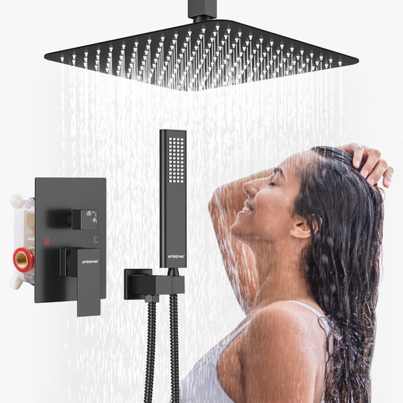 EMBATHER 10-inch Rain Shower Head System with Handheld, Stainless Steel Shower Faucet Set with Pressure Balance Valve and Trim Kit, Matte Black