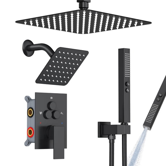 EMBATHER 3-Outlet Shower System with 10-Inch Ceiling Rain Head, 6-Inch Wall Shower and Handheld, Push-Button Valve, Matte Black