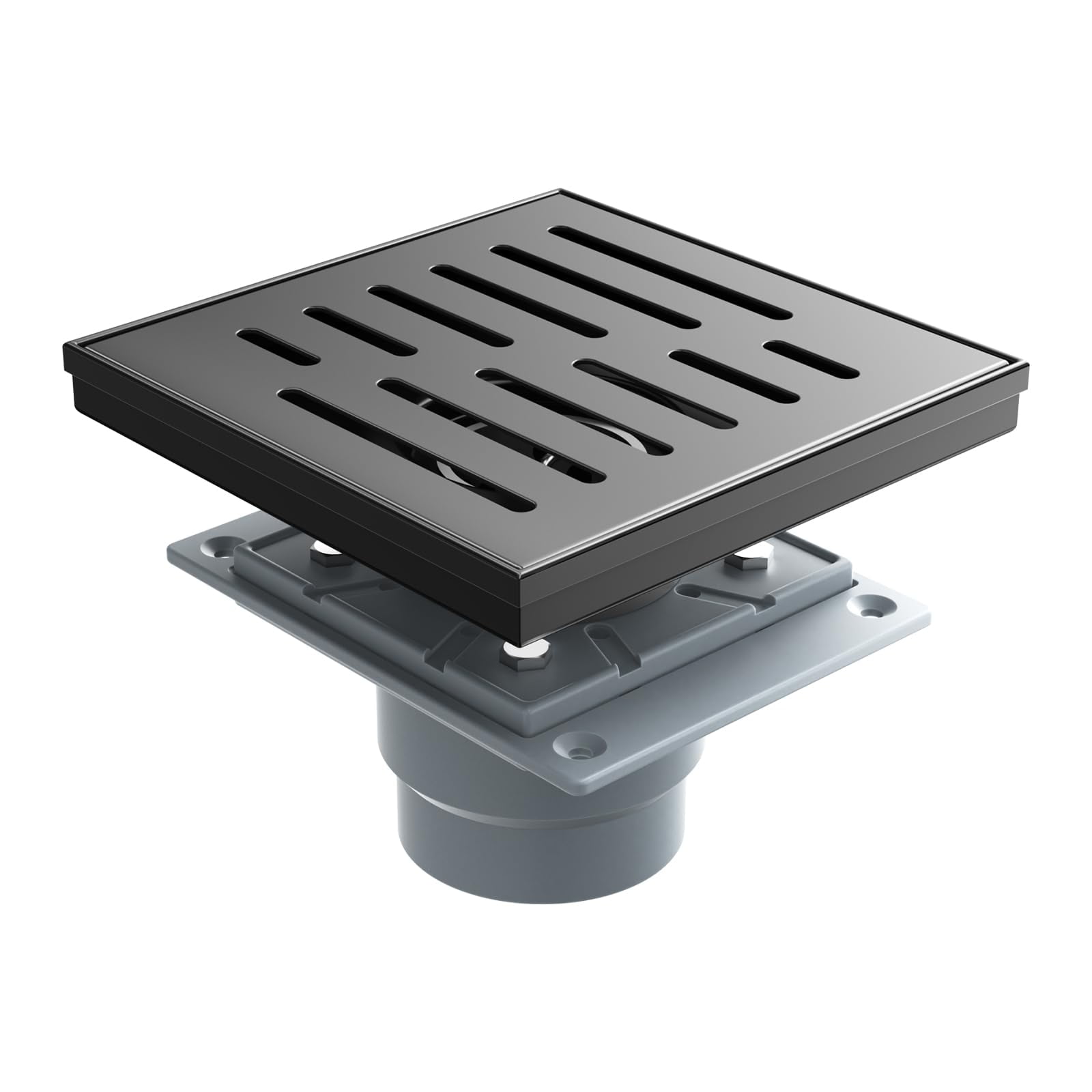 EMBATHER 6 Inch Square Shower Drain with Hair Catcher - 304 Stainless Steel Floor Drain, Tile-Ready Cover & Leveling Feet (Black)