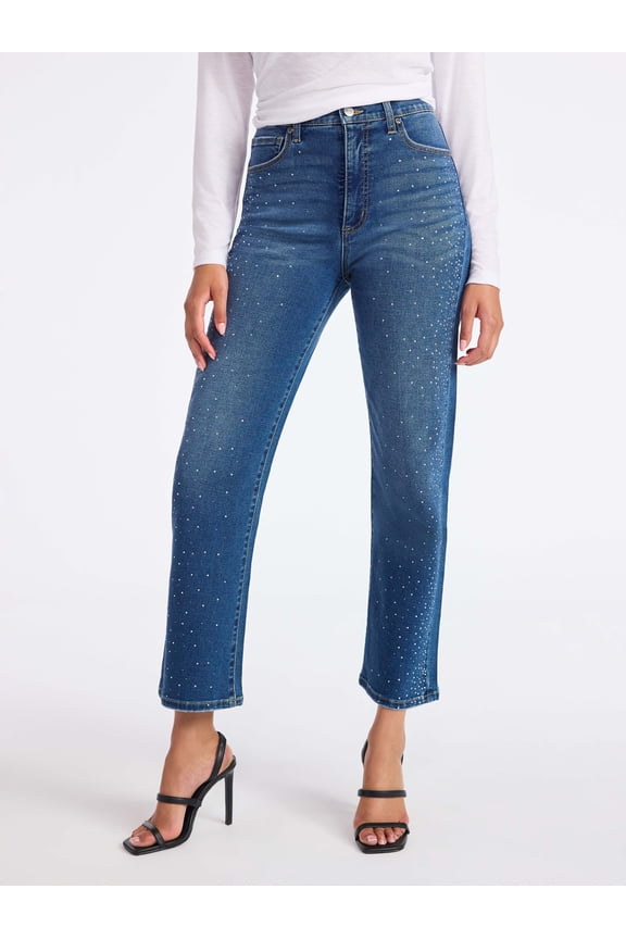 Sofia by Sofia Vergara Women's and Women's Plus Size Lana Embellished Relaxed Straight Cropped High Rise Jeans, 26" Inseam, Sizes 0-26