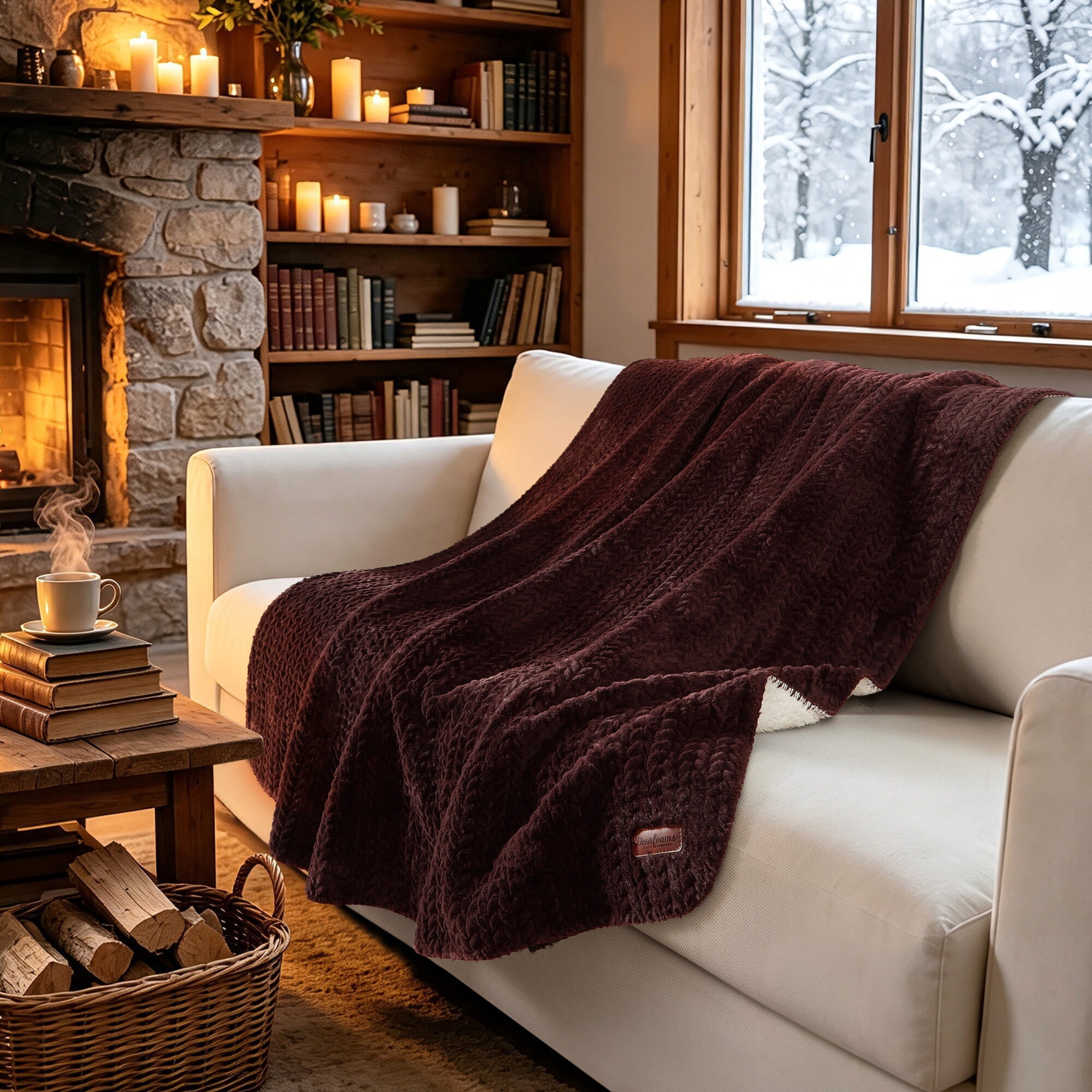 Dearfoams Reversible Embossed Faux Fur to Faux Shearling Oversized Couch Throw Blanket, Brown, 50 x 70 in