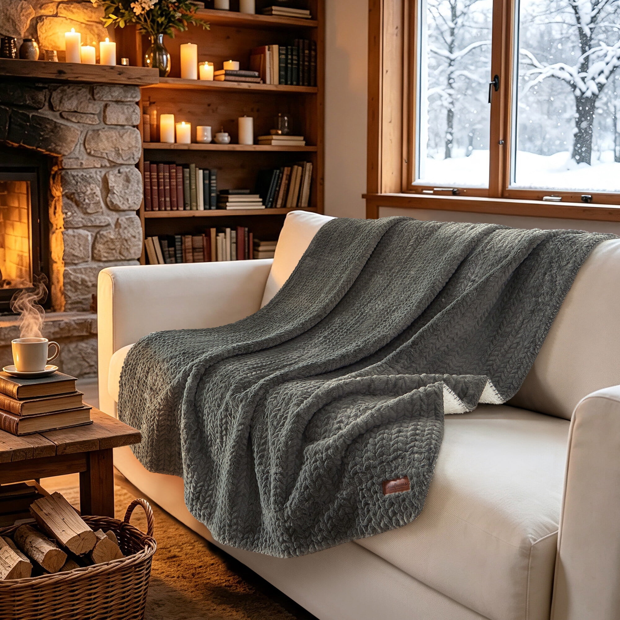 Dearfoams Reversible Embossed Faux Fur to Faux Shearling Oversized Couch Throw Blanket, Green, 50 x 70 in
