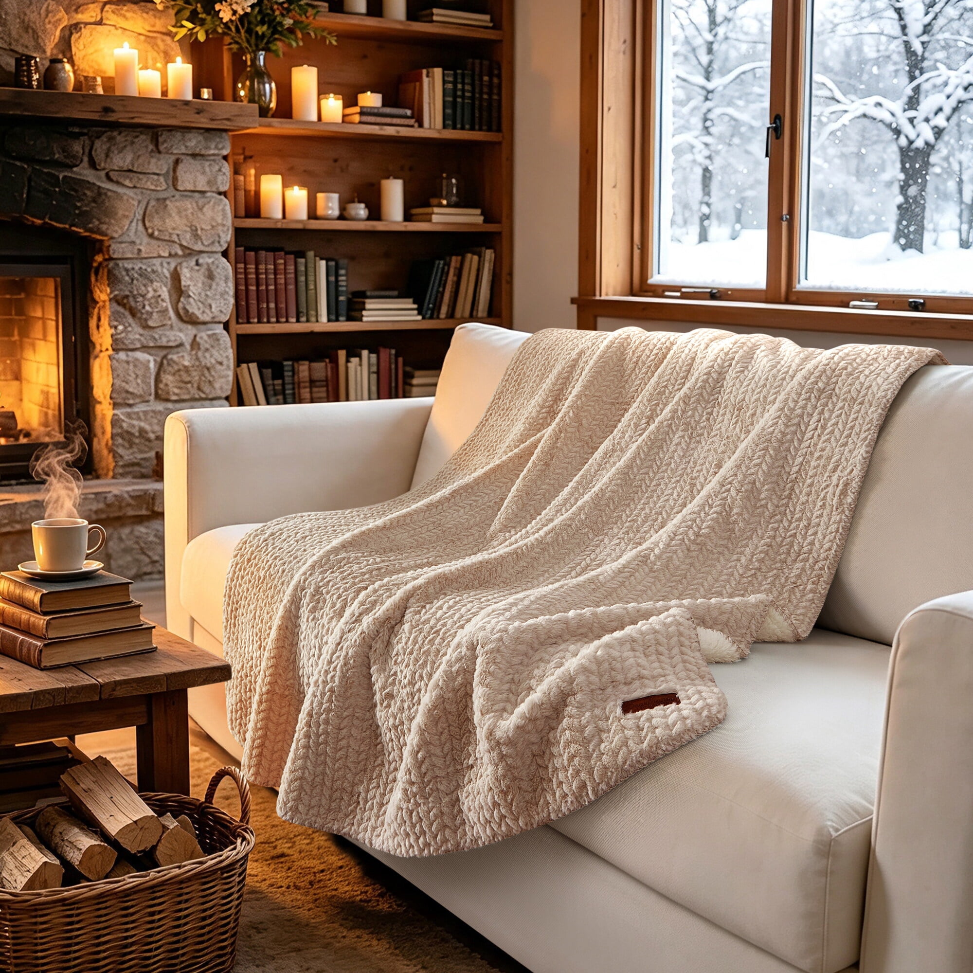 Dearfoams Reversible Embossed Faux Fur to Faux Shearling Oversized Couch Throw Blanket, Beige, 50 x 70 in