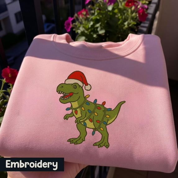 EMBROIDERED Christmas T-Rex Sweatshirt, Funny Dino Candy Cane Shirt, Cute Xmas Dinosaur Hoodie, Dinosaur Xmas Lights T-Rex Sweater