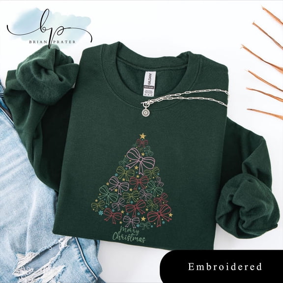EMBROIDERED Coquette Bow Christmas Tree Shirt, Cute Christmas Sweatshirt, Family Christmas Gifts, Xmas T-Shirt, Festive Holiday Shirt