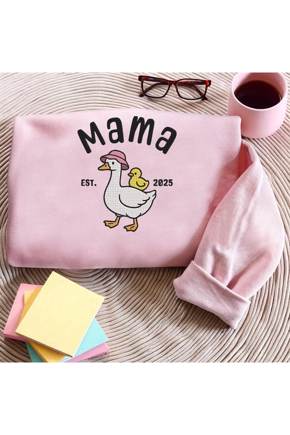 EMBROIDERED Mama Goose Sweatshirt, Mama Duck With Duckling Shirt, Varsity Mama Name Hoodie, Mama Est Year Crewneck